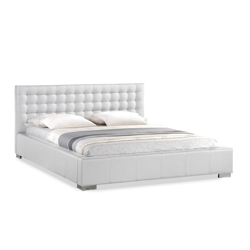 Lit plateforme queen-size moderne blanc avec tête de lit capitonnée
