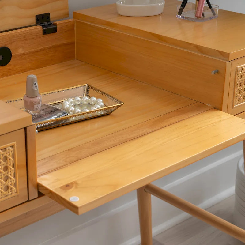 Meuble-lavabo en bois naturel avec 2 tiroirs en rotin