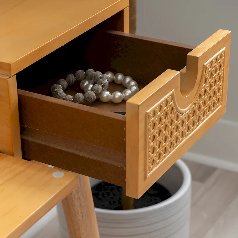 Meuble-lavabo en bois naturel avec 2 tiroirs en rotin