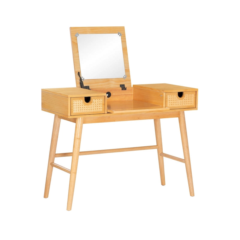 Meuble-lavabo en bois naturel avec 2 tiroirs en rotin
