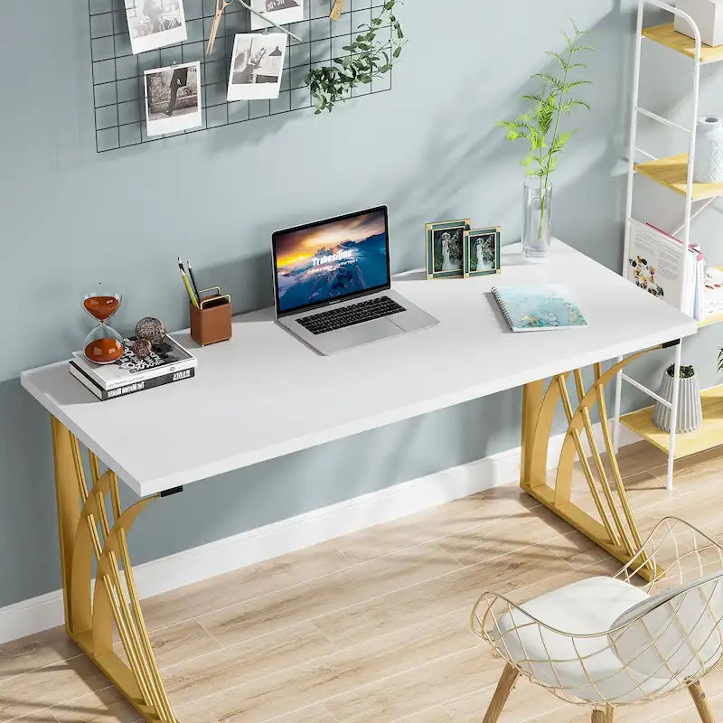 Bureau d'ordinateur moderne or/blanc, table à manger de 140 cm avec pieds dorés, coiffeuse, table de conférence