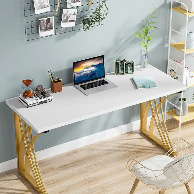 Modern Gold/White Computer Desk, 55 inch Dining Table with Gold Legs, Vanity Table, Conference Table