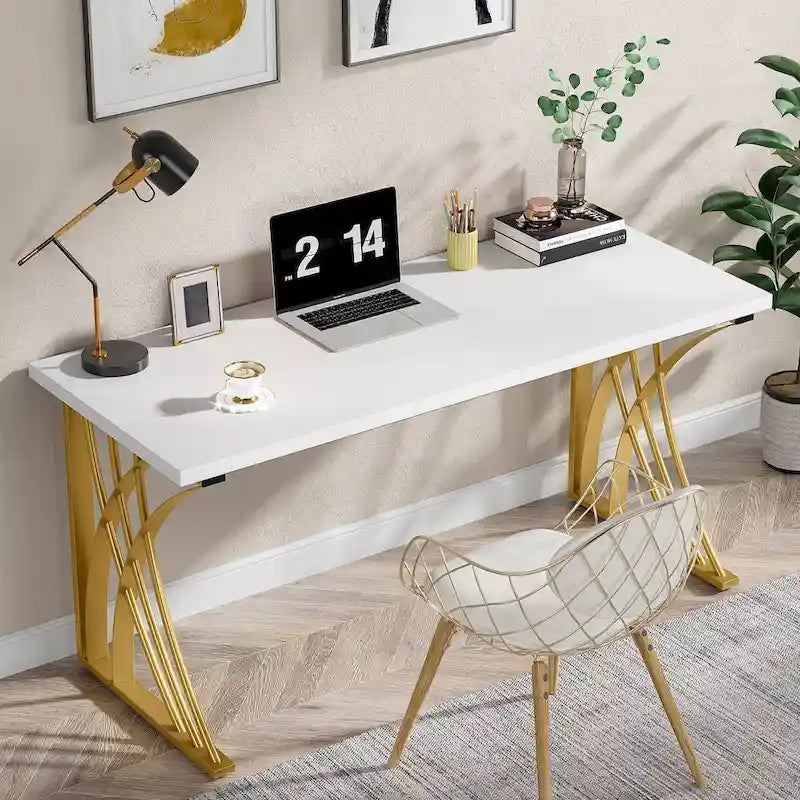 Bureau d'ordinateur moderne or/blanc, table à manger de 140 cm avec pieds dorés, coiffeuse, table de conférence