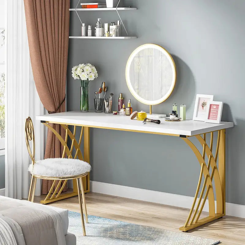 Bureau d'ordinateur moderne or/blanc, table à manger de 140 cm avec pieds dorés, coiffeuse, table de conférence