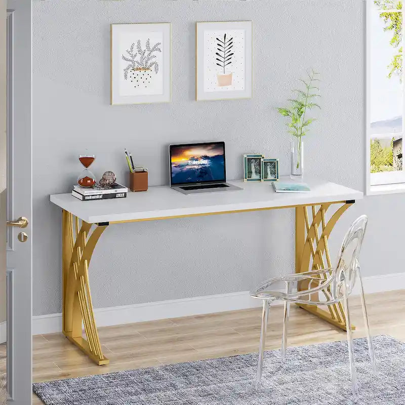 Bureau d'ordinateur moderne or/blanc, table à manger de 140 cm avec pieds dorés, coiffeuse, table de conférence