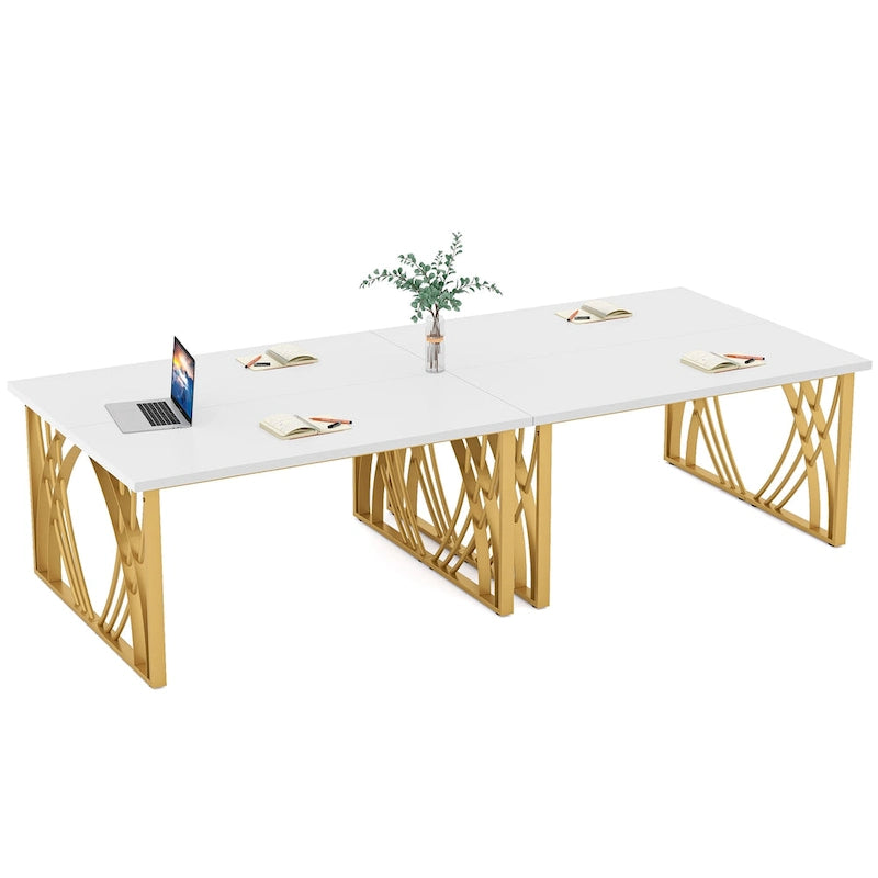 Bureau d'ordinateur moderne or/blanc, table à manger de 140 cm avec pieds dorés, coiffeuse, table de conférence