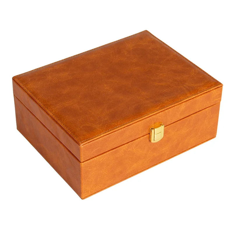 Boîte à bijoux 2 couches en cuir vegan avec fermoir - 23,6 L x 18,5 l x 9,6 H cm