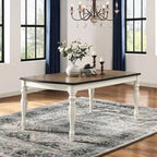 Table de salle à manger de style campagnard français, finition blanc antique et chêne vieilli