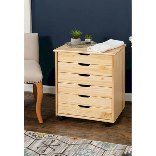 Meuble de rangement roulant large brun naturel de 64,1 cm avec 6 tiroirs