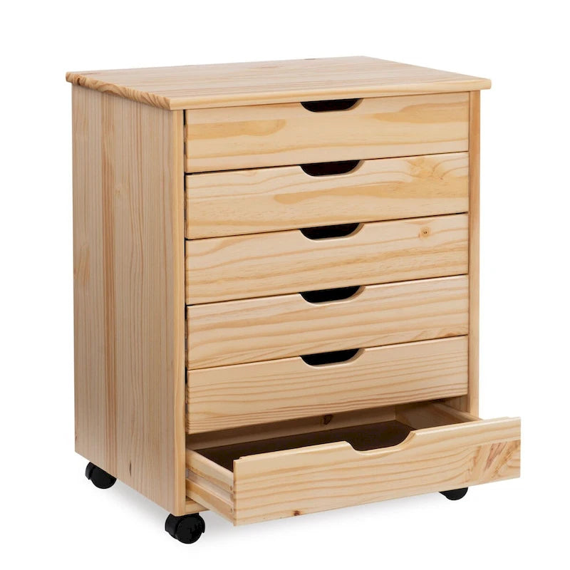 Meuble de rangement roulant large brun naturel de 64,1 cm avec 6 tiroirs