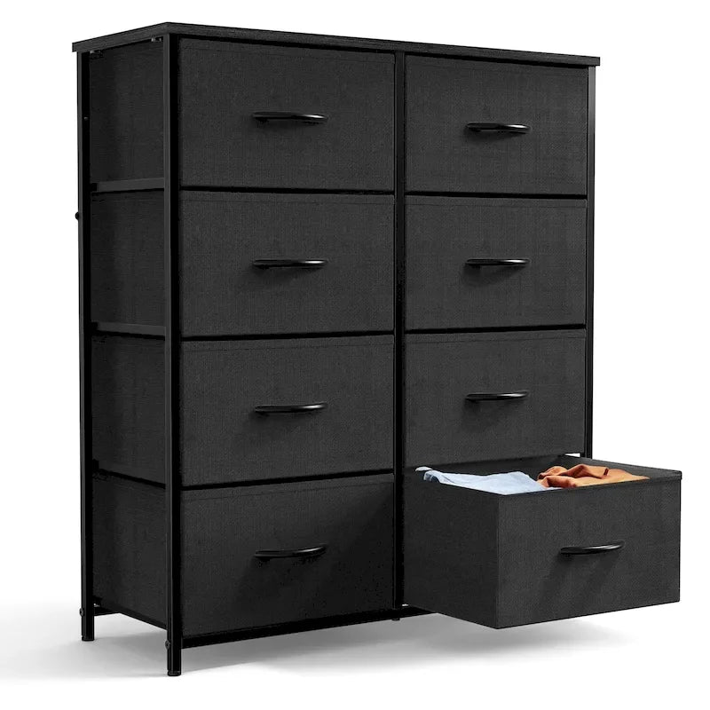 Commode haute à 8 tiroirs, commode en tissu avec plateau en bois et cadre en acier