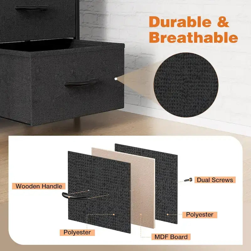 Commode haute à 8 tiroirs, commode en tissu avec plateau en bois et cadre en acier