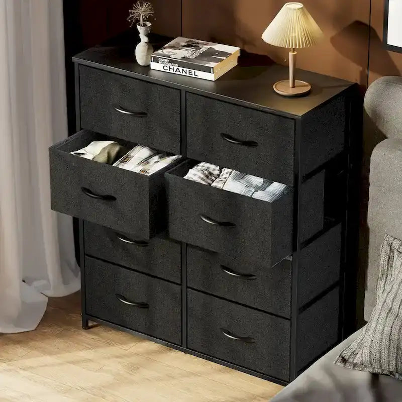 Commode haute à 8 tiroirs, commode en tissu avec plateau en bois et cadre en acier