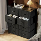 Commode haute à 8 tiroirs, commode en tissu avec plateau en bois et cadre en acier