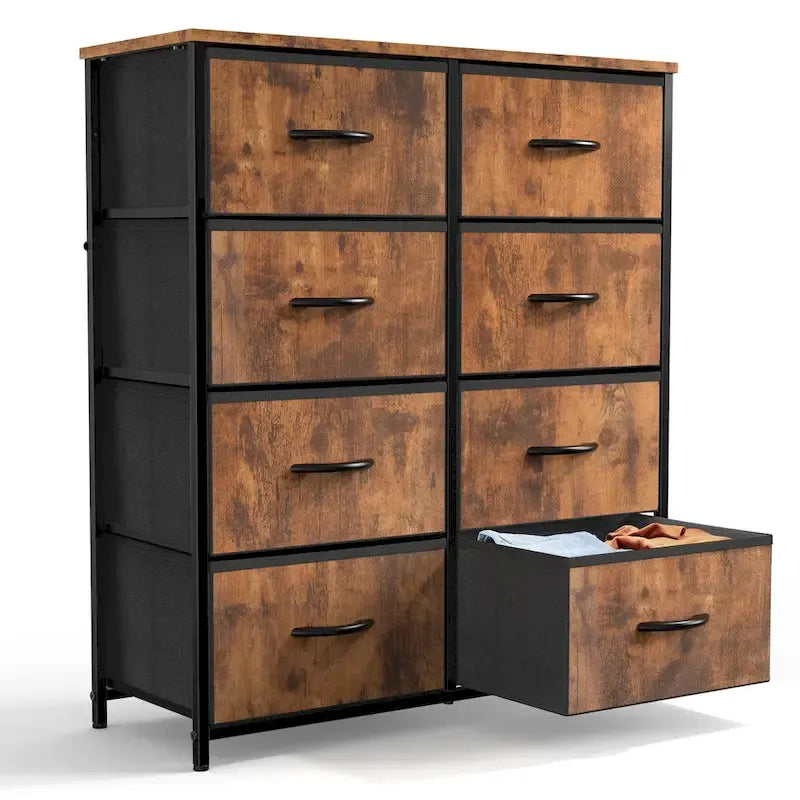 Commode haute à 8 tiroirs, commode en tissu avec plateau en bois et cadre en acier