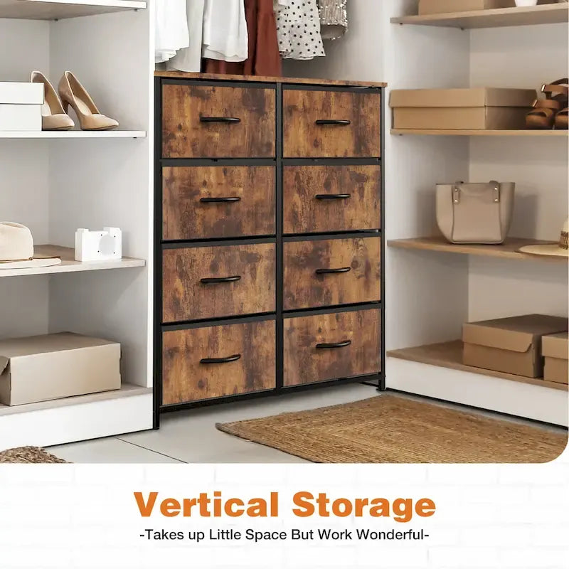 Commode haute à 8 tiroirs, commode en tissu avec plateau en bois et cadre en acier