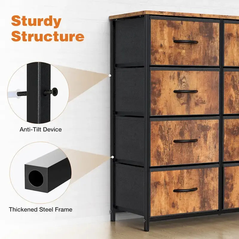 Commode haute à 8 tiroirs, commode en tissu avec plateau en bois et cadre en acier