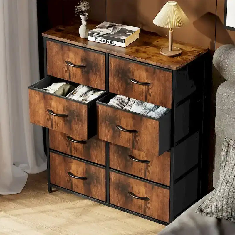 Commode haute à 8 tiroirs, commode en tissu avec plateau en bois et cadre en acier