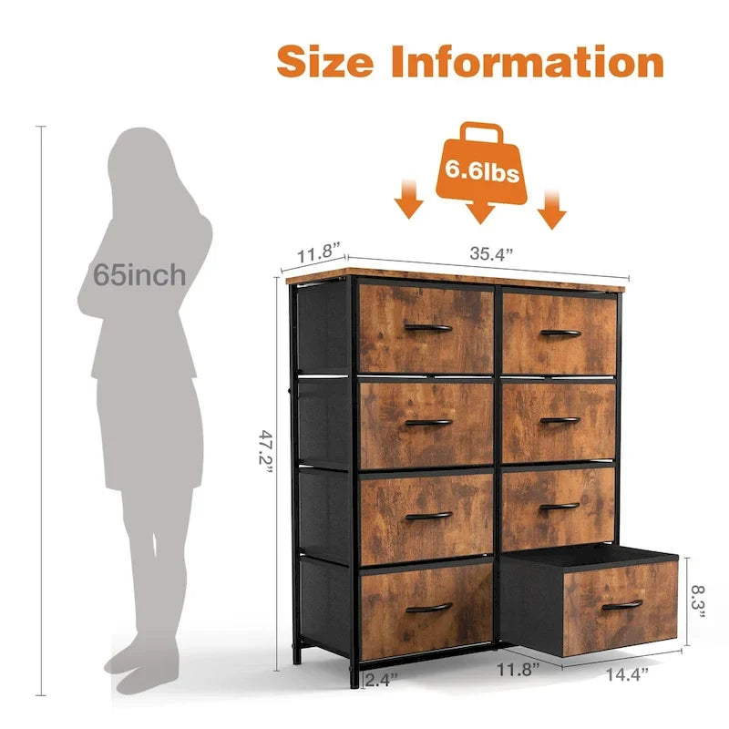 Commode haute à 8 tiroirs, commode en tissu avec plateau en bois et cadre en acier