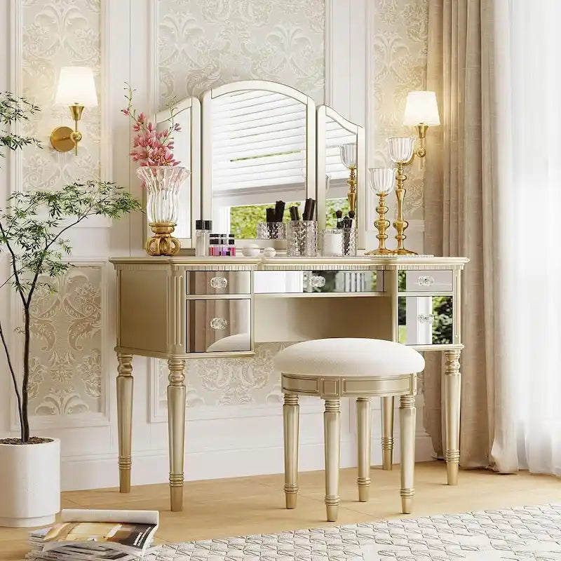 Roomfitters Makeup Vanity Table, 5 Drawers, Foldable Mirror, Stool Included
