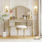 Table de maquillage coiffeuse, 5 tiroirs, miroir rabattable, tabouret inclus
