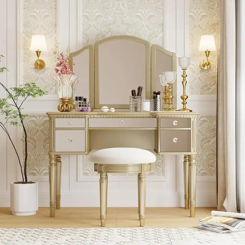 Table de maquillage coiffeuse, 5 tiroirs, miroir rabattable, tabouret inclus