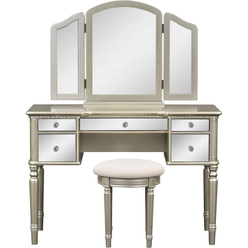 Table de maquillage coiffeuse, 5 tiroirs, miroir rabattable, tabouret inclus