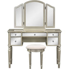Table de maquillage coiffeuse, 5 tiroirs, miroir rabattable, tabouret inclus