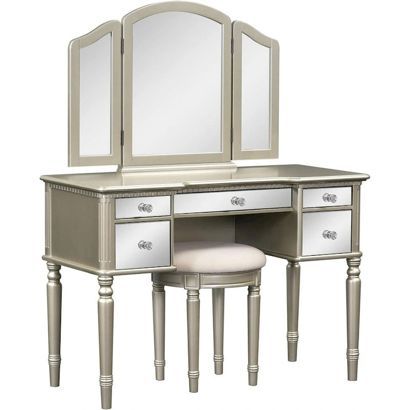 Table de maquillage coiffeuse, 5 tiroirs, miroir rabattable, tabouret inclus