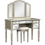 Table de maquillage coiffeuse, 5 tiroirs, miroir rabattable, tabouret inclus