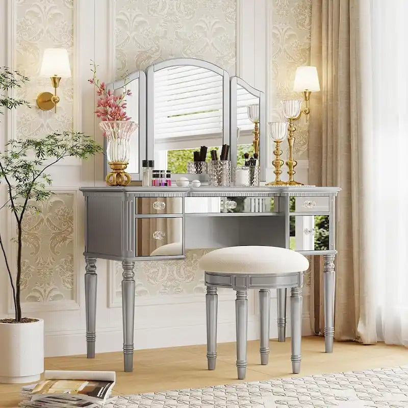 Table de maquillage coiffeuse, 5 tiroirs, miroir rabattable, tabouret inclus