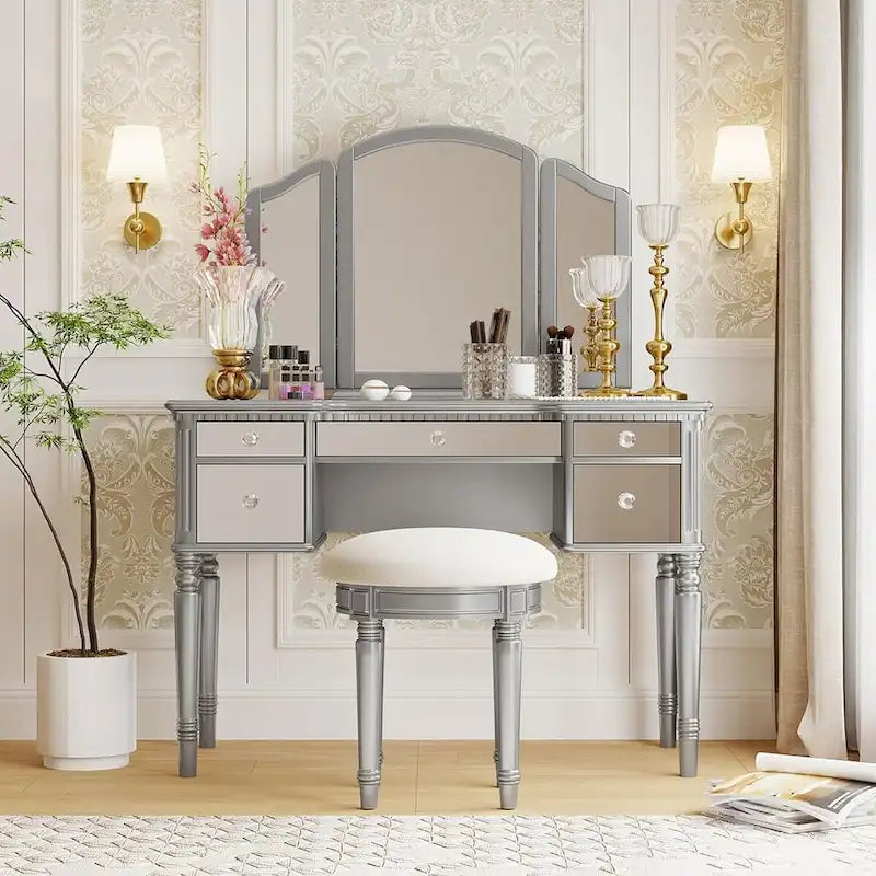 Table de maquillage coiffeuse, 5 tiroirs, miroir rabattable, tabouret inclus