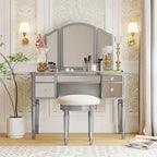 Table de maquillage coiffeuse, 5 tiroirs, miroir rabattable, tabouret inclus