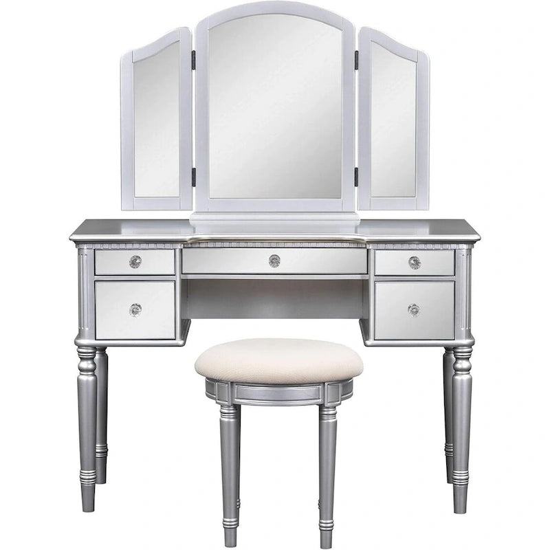 Table de maquillage coiffeuse, 5 tiroirs, miroir rabattable, tabouret inclus