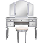 Table de maquillage coiffeuse, 5 tiroirs, miroir rabattable, tabouret inclus