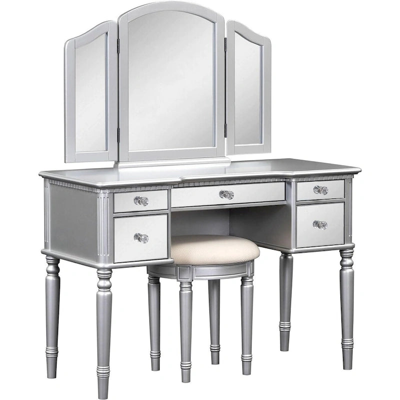 Table de maquillage coiffeuse, 5 tiroirs, miroir rabattable, tabouret inclus