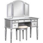 Table de maquillage coiffeuse, 5 tiroirs, miroir rabattable, tabouret inclus