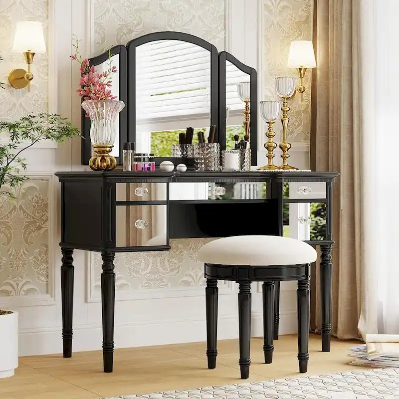 Table de maquillage coiffeuse, 5 tiroirs, miroir rabattable, tabouret inclus