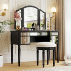 Table de maquillage coiffeuse, 5 tiroirs, miroir rabattable, tabouret inclus
