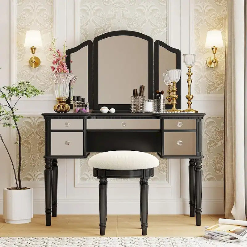 Table de maquillage coiffeuse, 5 tiroirs, miroir rabattable, tabouret inclus