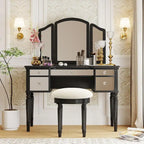 Table de maquillage coiffeuse, 5 tiroirs, miroir rabattable, tabouret inclus
