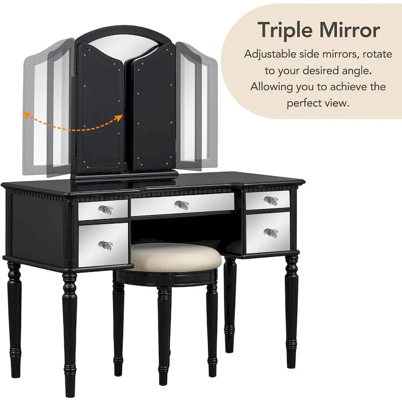 Table de maquillage coiffeuse, 5 tiroirs, miroir rabattable, tabouret inclus