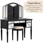 Table de maquillage coiffeuse, 5 tiroirs, miroir rabattable, tabouret inclus