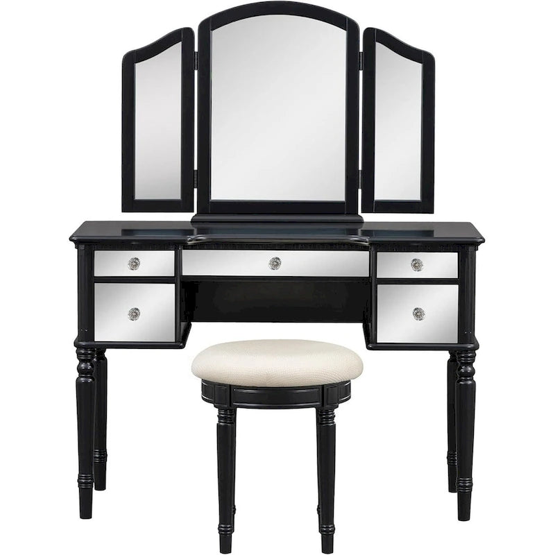 Table de maquillage coiffeuse, 5 tiroirs, miroir rabattable, tabouret inclus