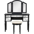 Table de maquillage coiffeuse, 5 tiroirs, miroir rabattable, tabouret inclus