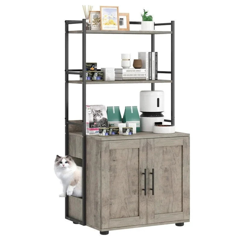 Meuble cache-litière pour chat avec étagère de rangement
