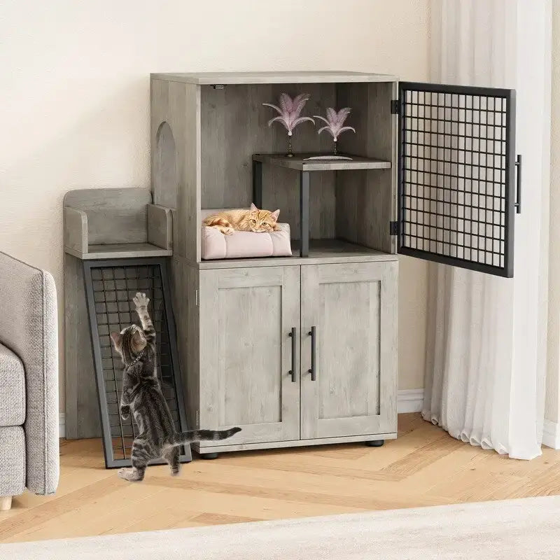 Meuble cache-litière pour chat avec étagère de rangement