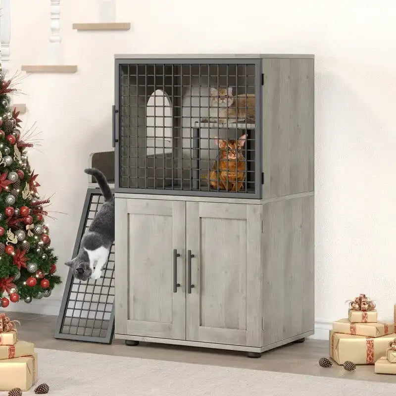 Meuble cache-litière pour chat avec étagère de rangement