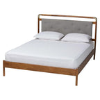 Lit Plateforme Queen en Tissu Bouclé Gris Clair et Bois de Noyer Marron Style Mid-Century