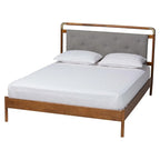 Lit Plateforme Queen en Tissu Bouclé Gris Clair et Bois de Noyer Marron Style Mid-Century